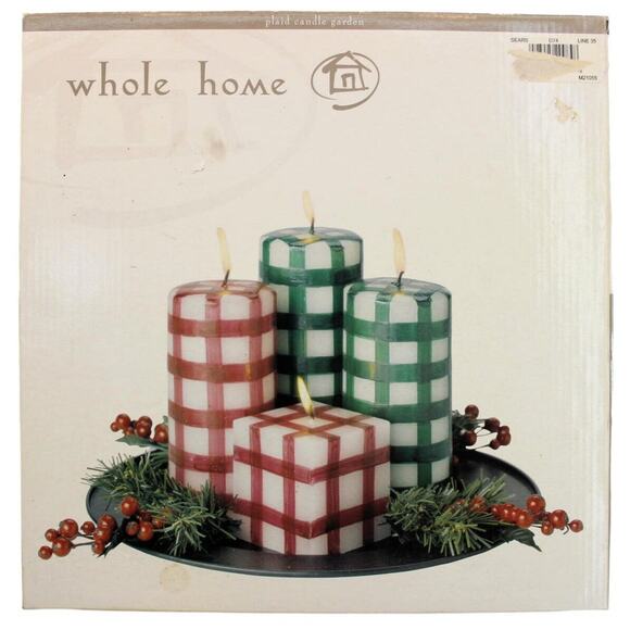 4 Holiday Candles Décor Sears Whole Home • Red & Green Plaid • On Tray • Holly - Picture 3 of 10